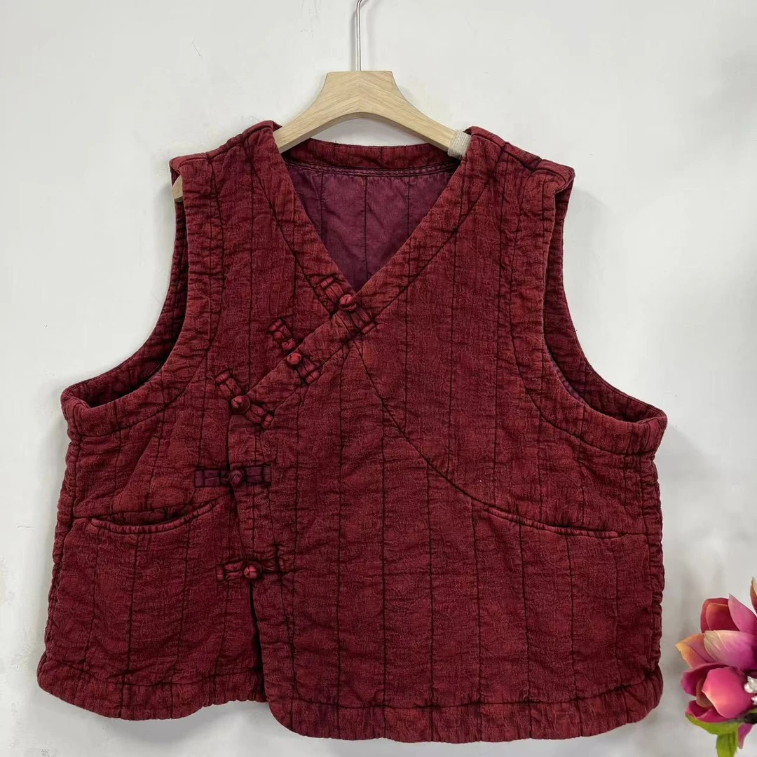 花璟与麻原创复古中式斜襟盘扣袋夹棉棉马甲（衣长58 胸围不限）