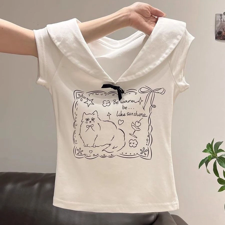 白色小猫印花娃娃领短袖T恤女夏季蝴蝶结修身设计感甜美显瘦上衣
