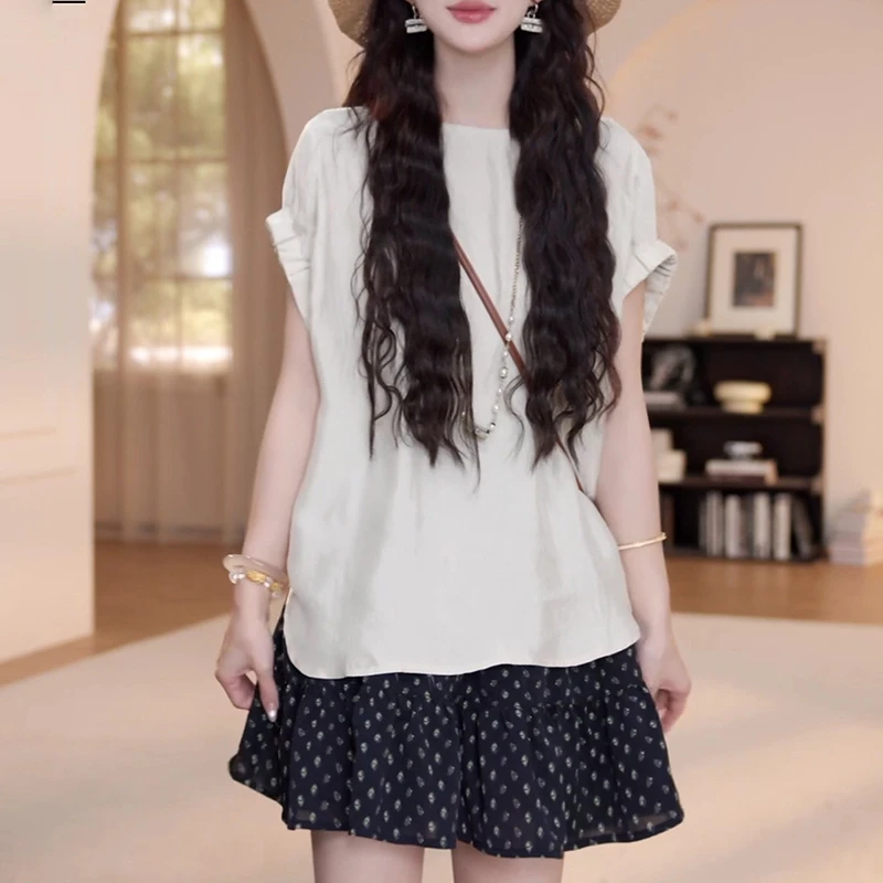 韩系减龄时尚套装女2025夏季新款大码短袖t恤碎花半身裙子两件套