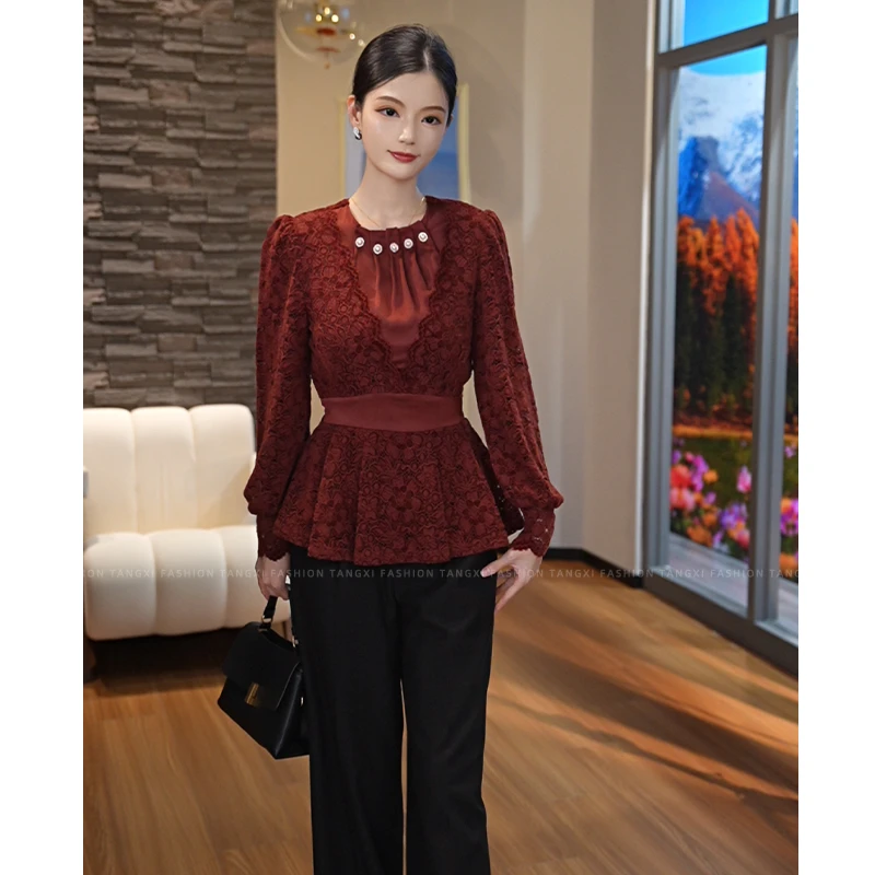 2025年秋冬新款【ZM-770】气质小众不起球钉珠衬衫拼接显瘦红色上衣