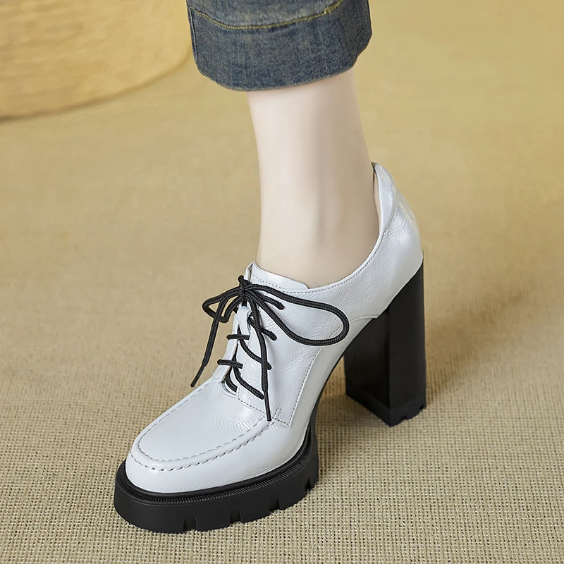 小个子增高11cm圆头粗跟系带深口单鞋女新款欧美真皮防水台高跟鞋