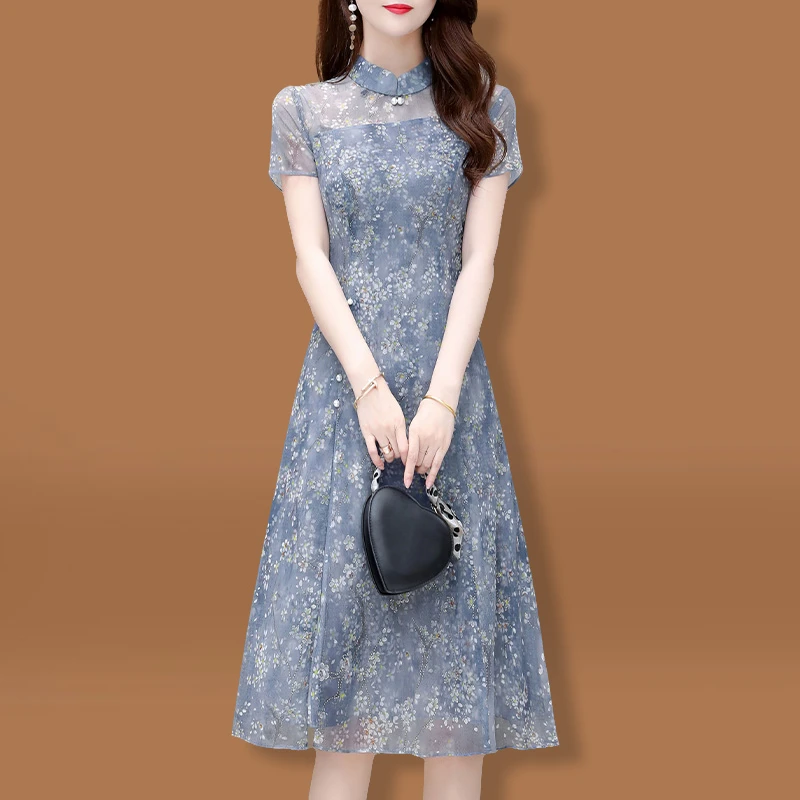 改良旗袍年轻款高端气质2025小个子显高品牌纱料连衣裙女夏季妈妈