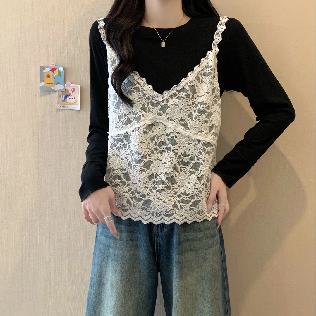 大码女装早春蕾丝吊带背心+长袖T恤通勤百搭显瘦外穿法式两件套
