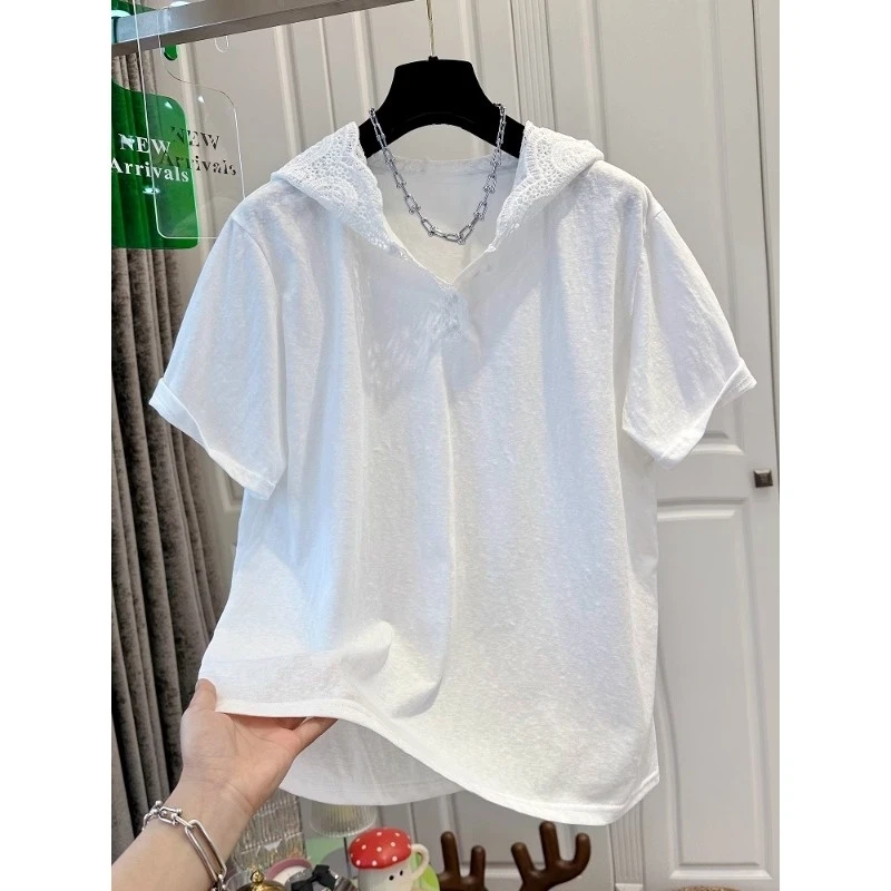 胖妹妹240斤超好看独特蕾丝连帽T恤衫女夏季轻薄大码宽松短袖上衣