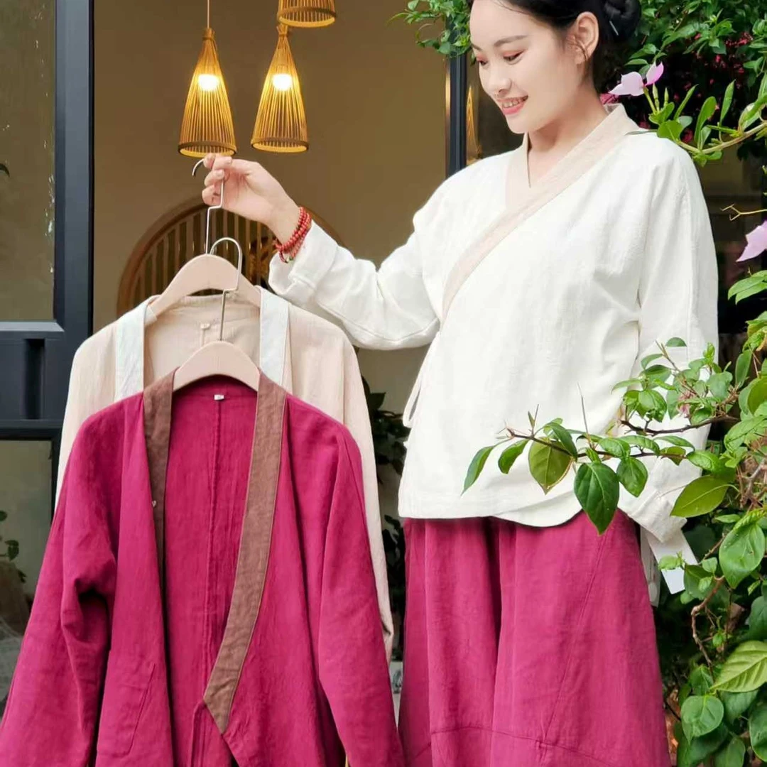 七初的布衣 拼色改良款宽松复古四根带汉服亚麻下摆弧形上衣