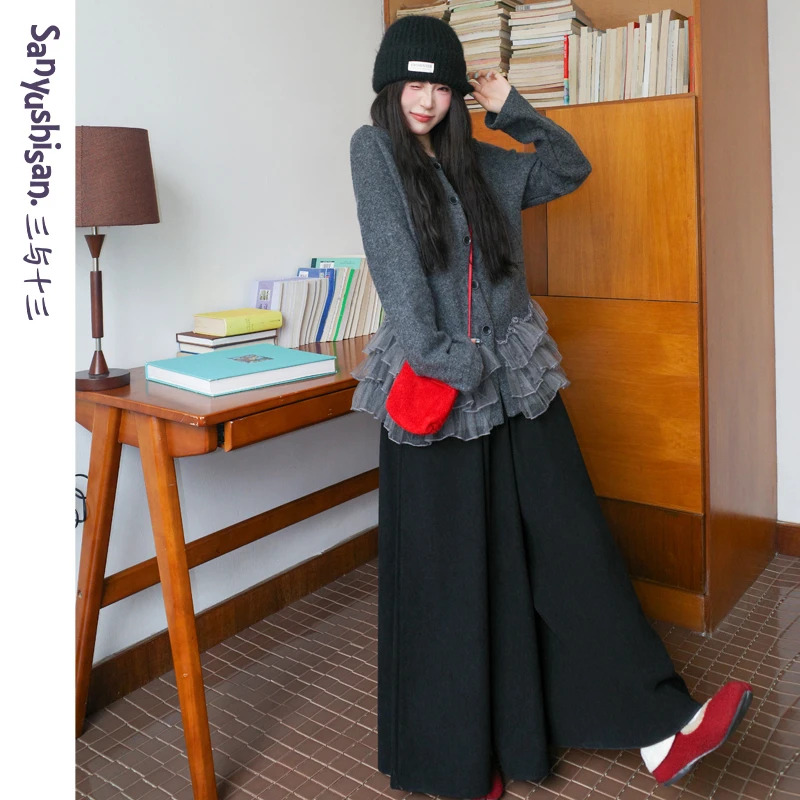 三与十三|公主日记|秋季韩版显瘦正肩圆领蕾丝花边毛衣开衫