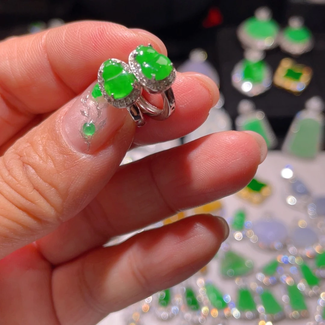 翡翠耳饰银S925镶嵌精品