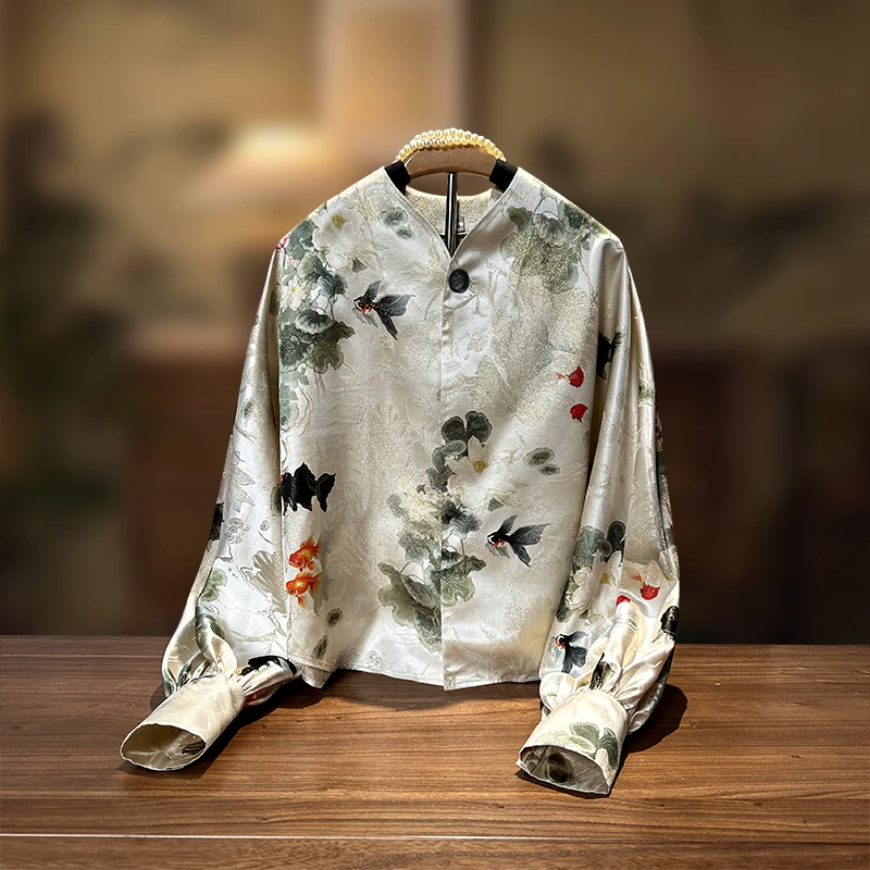 月下微凉｜鱼戏莲叶织金提花真丝灯笼袖蝙蝠衫时尚新中式长袖衬衣