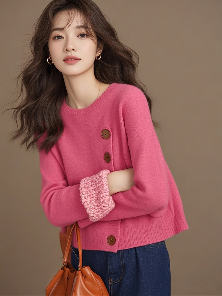 欧货重工设计感树莓色纽扣套头针织衫毛衣2025新款秋季慵懒高级感