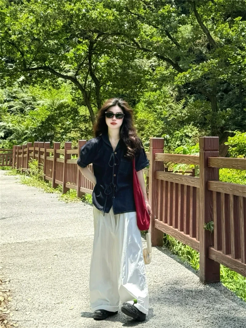 2025夏季新款日系复古牛仔系带短袖衬衫女宽松直筒白色阔腿裤套装