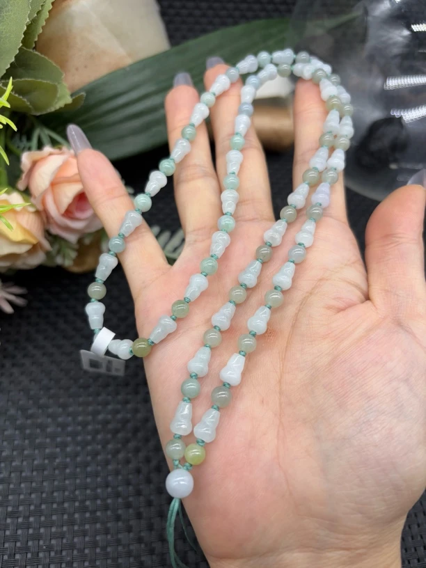 福利款天然缅甸A货翡翠白冰葫芦5mm编织玉石挂件绳毛衣链项链长链