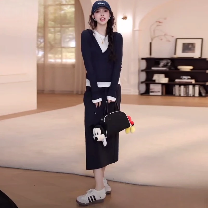 高品质气质假两件连帽长袖T恤显瘦休闲半身裙套装春夏女装长裙