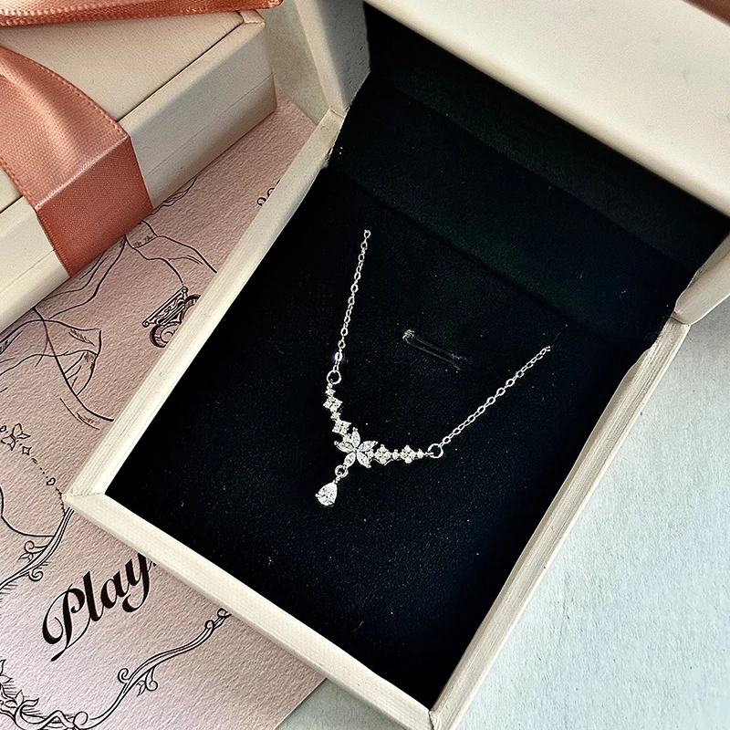 坠链均足银 999足银樱花水滴项链女轻奢小众锁骨链女气质锁骨链