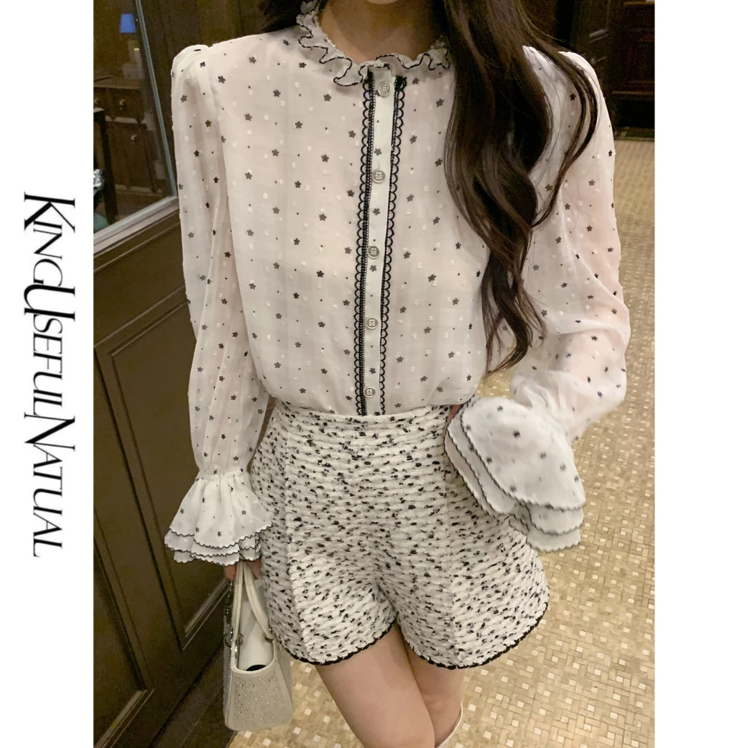 KUN【coco小姐】香香定制 黑白色衬衫搭配烧花波点绣花泡泡袖上衣