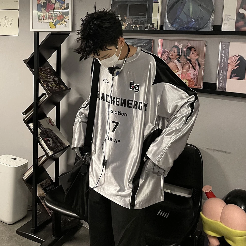 美式复古百搭球衣高街拼接撞色字母运动银色机车长袖T恤男女