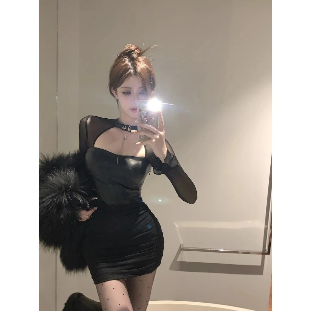 INSTUNNING黑色皮裙包臀裙镂空网纱拼接连衣裙打底复古辣妹短裙