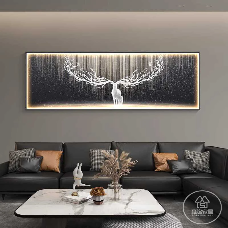 现代轻奢客厅装饰画一整幅横版LED灯画发光沙发背景墙挂画鹿壁画