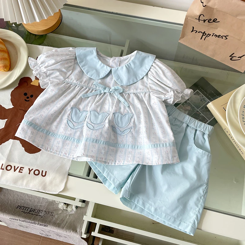 橘止皮【现货】ins蓝女童套装夏季宝宝娃娃衫短裤两件套XT259198