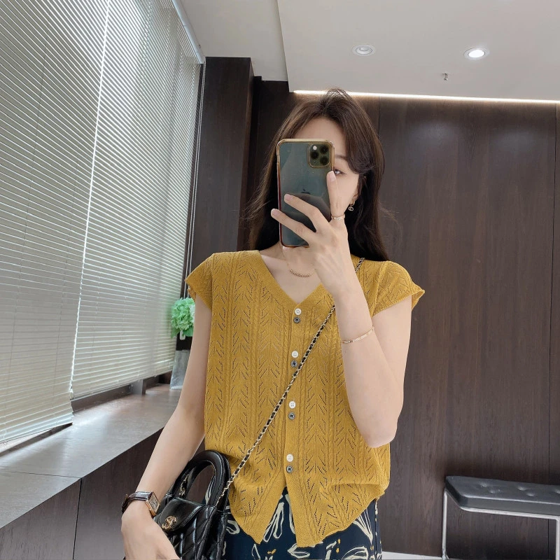 IMFLY金小金自制女装 针织开衫DYW9210夏季新款镂空设计感短袖衫