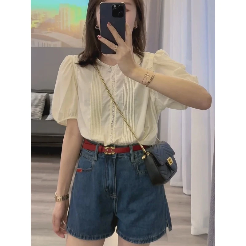 韩系圆领一粒扣褶皱设计感衬衫女夏季韩版宽松泡泡袖上衣潮