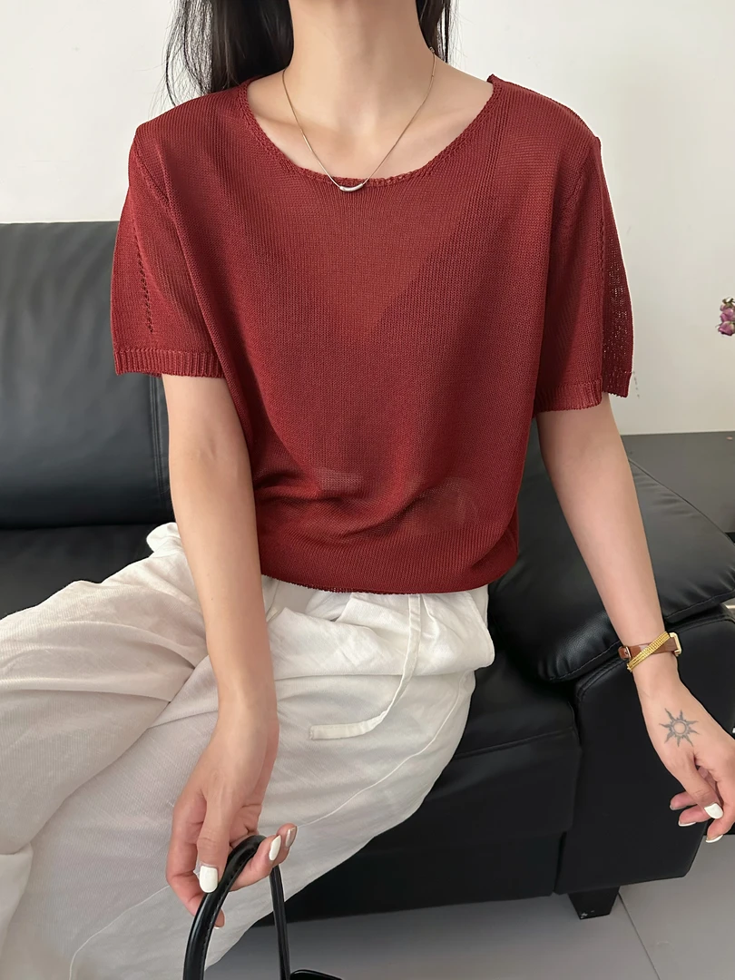 夏季经典时尚高品纯色和纸纱针织短袖