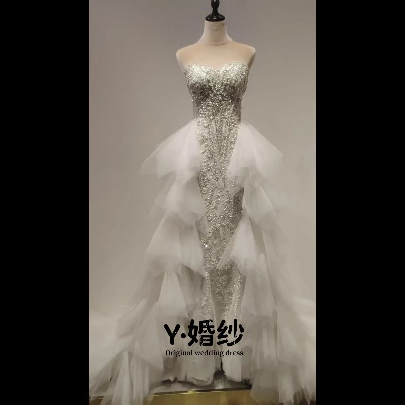 定制款 原创 鱼尾婚纱钉珠一字肩短袖蓬蓬裙常规礼服婚纱甜辣92