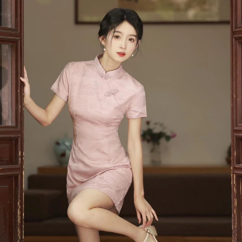 粉色旗袍新款2025改良年轻款少女夏季小个子短款文艺复古日常可穿