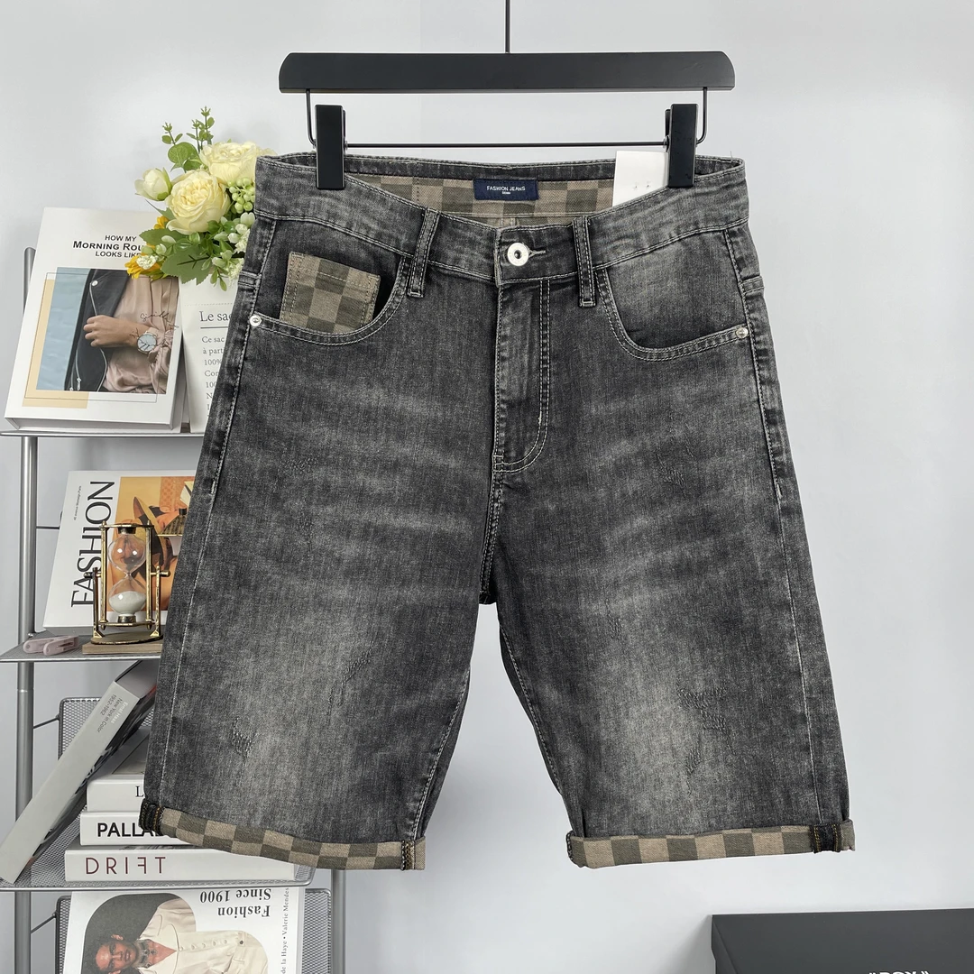 （五分裤）烟灰色印花五分裤夏季男款复古短裤休闲直筒弹力中裤