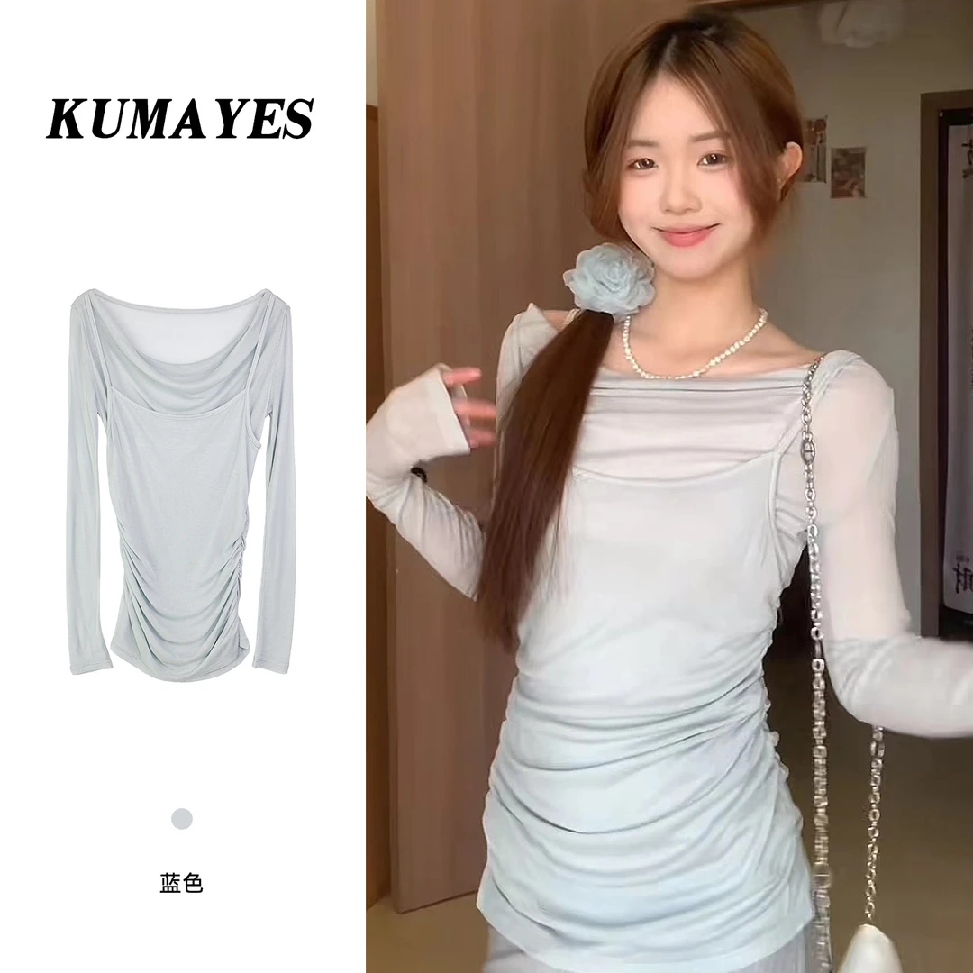 纯欲风荡领假两件褶皱长袖T恤女亲肤掐腰修身遮肉内搭上衣