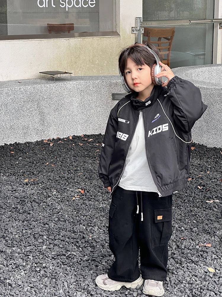 【现货】冬款男童帅气字母夹棉机车服洋气韩版时尚棉服儿童外套春秋