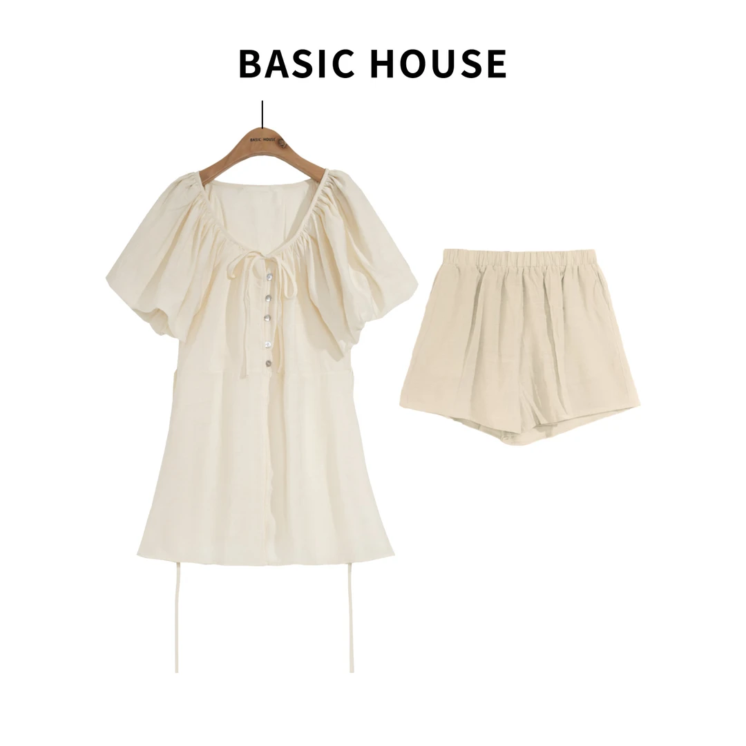 Basic House/百家好显瘦气质时尚休闲系带短袖短裤套装P352-1