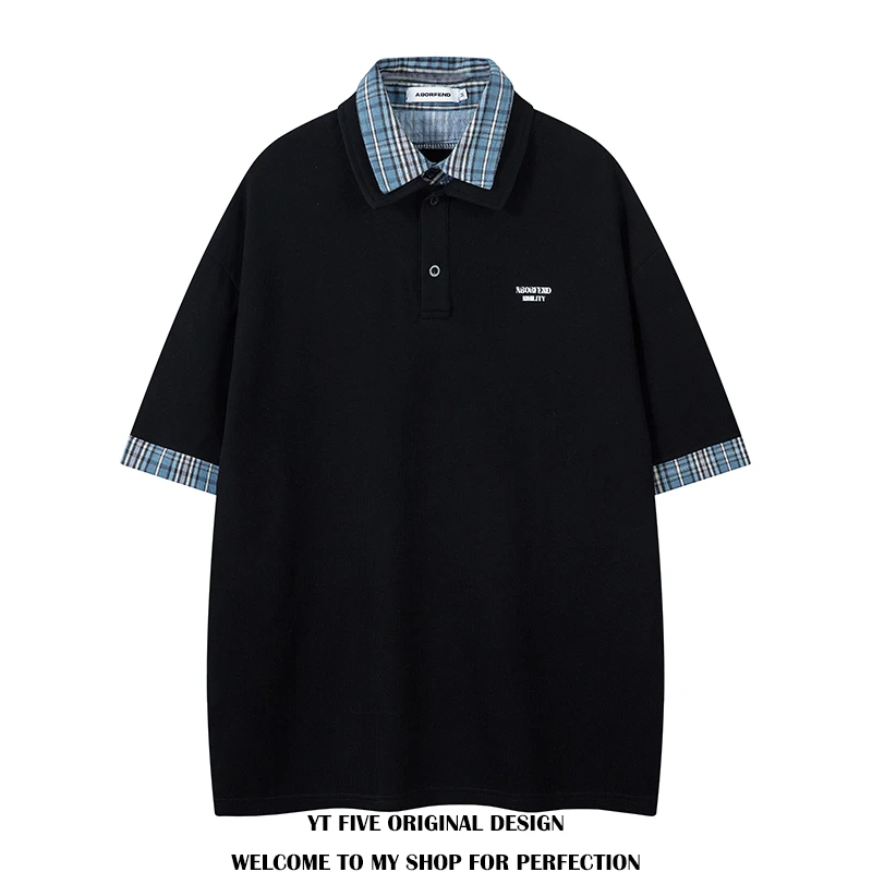 YTFIVE 潮牌美式复古格纹拼接假两件POLO领短袖T恤男女宽松半袖夏
