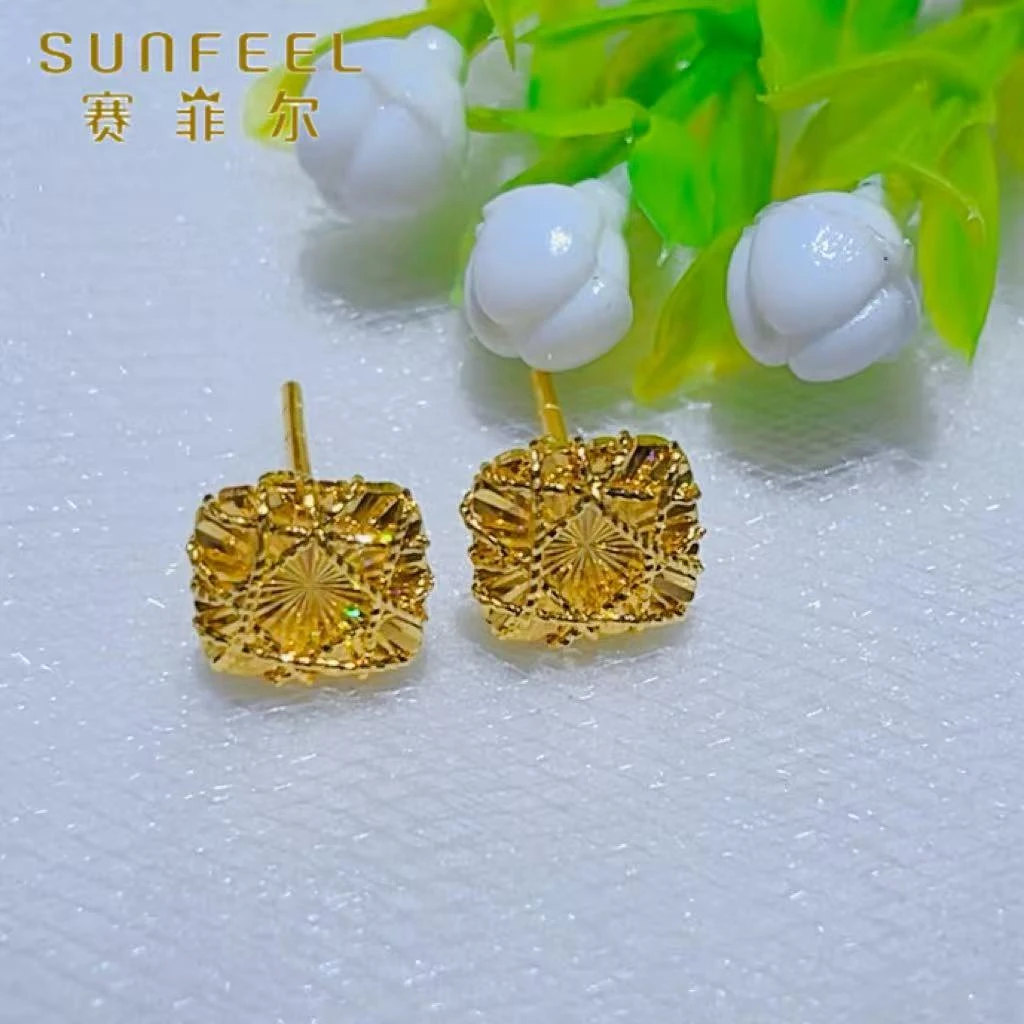 SUNFEEL/赛菲尔黄金足金炫彩拉丝小方糖直针黄金耳饰百搭款5G精工