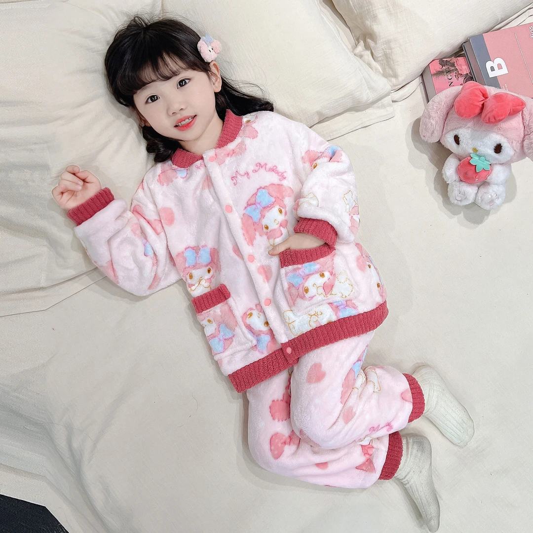 儿童法兰绒秋冬季睡衣女童2025新款保暖家居服女孩宝宝珊瑚绒套装