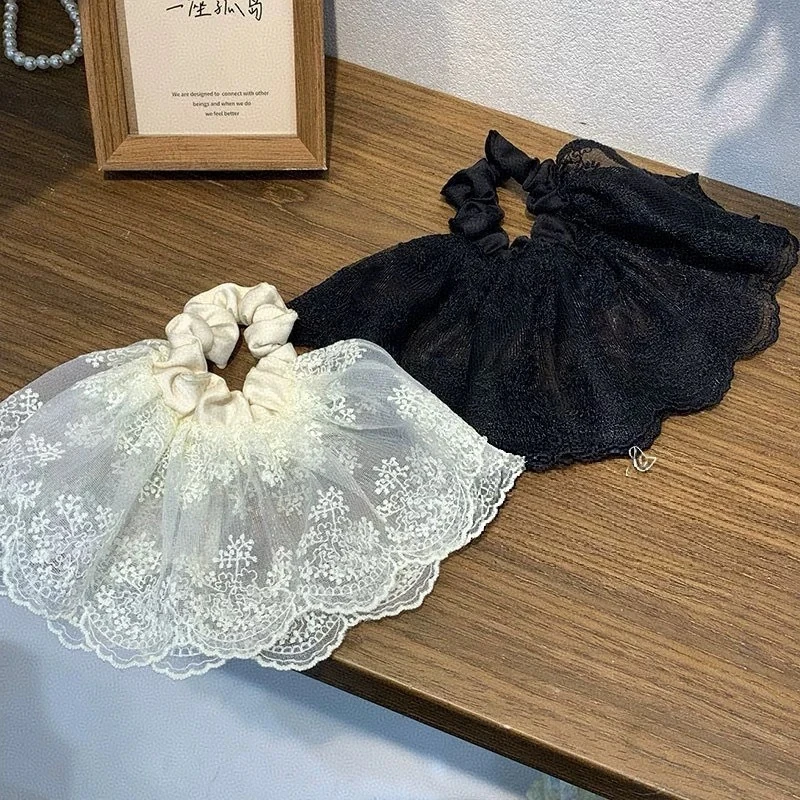 法式浪漫蕾丝双层裙摆半扎发圈女气质扎马尾头花高级感丸子头发绳