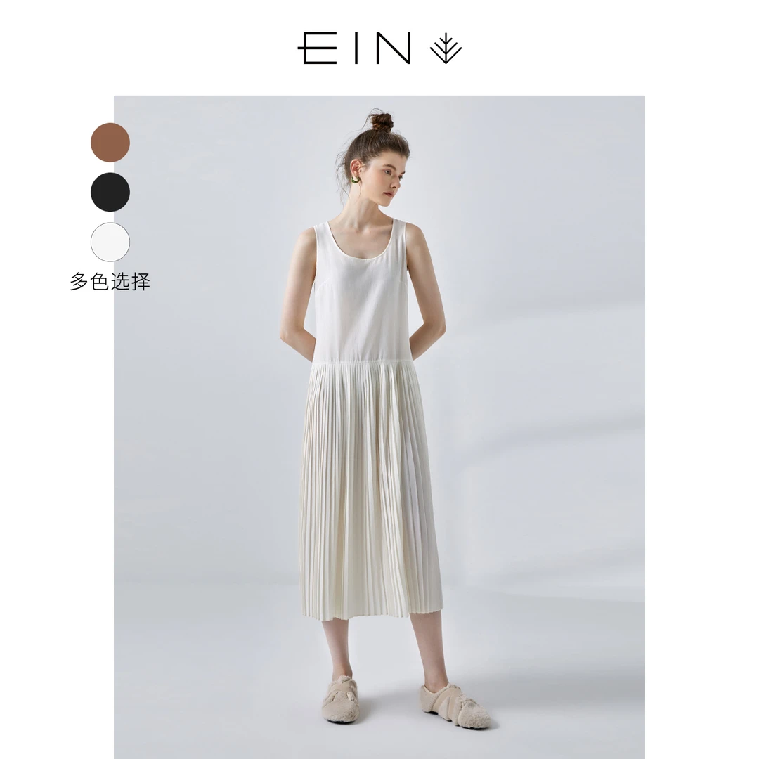EIN/言雅丹风文艺丝棉长款纯色无袖宽松气质打底百褶连衣裙女装