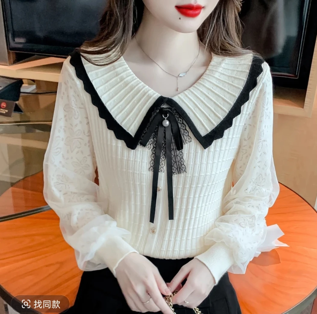 毛针织衫时尚针织气质上衣减龄法式娃娃领收腰毛衣