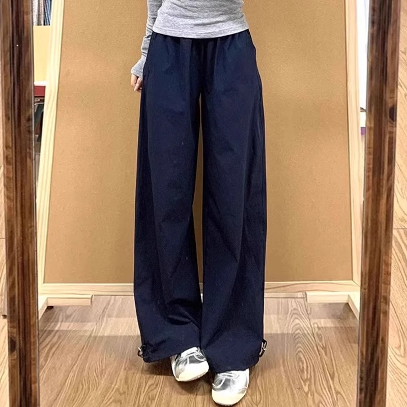 藏青色工装裤子女春夏新款高腰垂感显瘦休闲阔腿小个子运动直筒裤