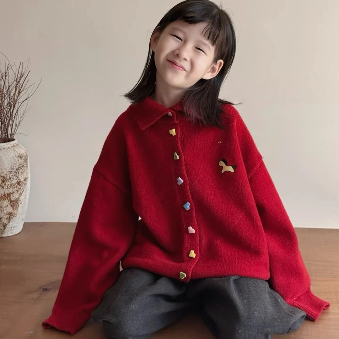 女童红色毛衫开衫本命年毛衣新年衣服2025新款大童洋气儿童针织衫