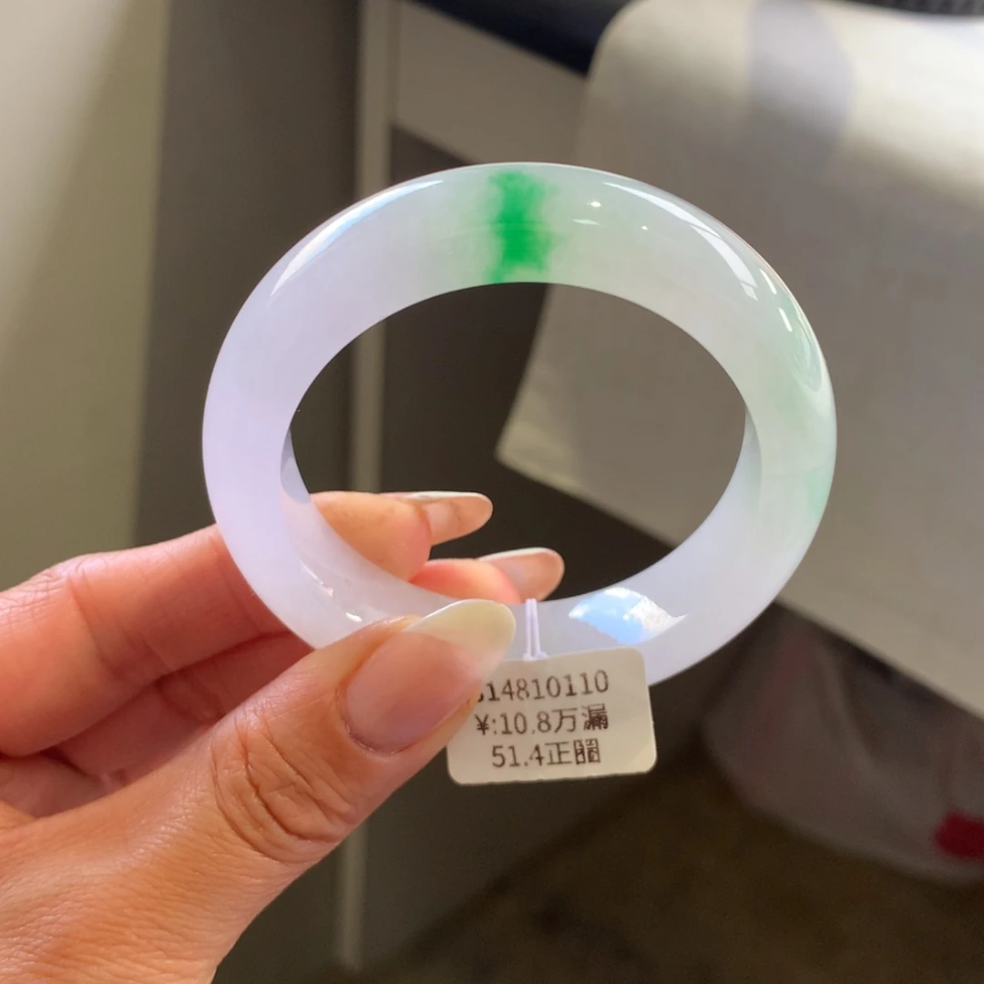 翡翠手镯未镶嵌冰紫飘阳绿51.4厚妆正圈