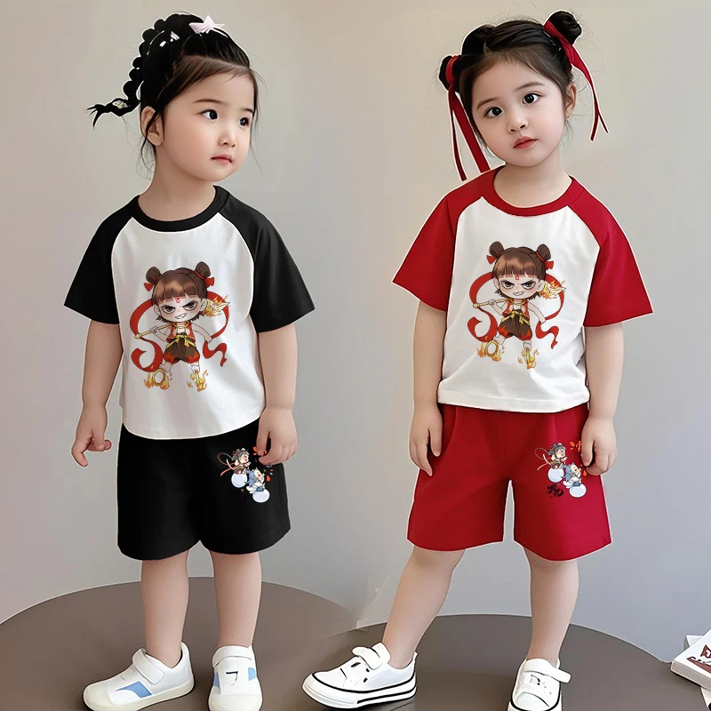哪吒男女童夏装纯棉套装2025新款儿童衣服炸街宽松短袖短裤两件套