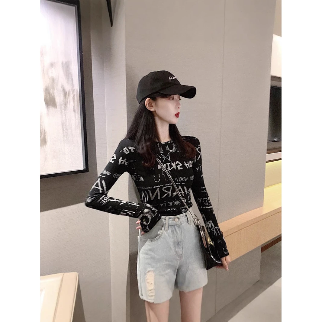 设计感字母印花长袖T恤女韩版爆款美式复古小众修身显瘦打底上衣