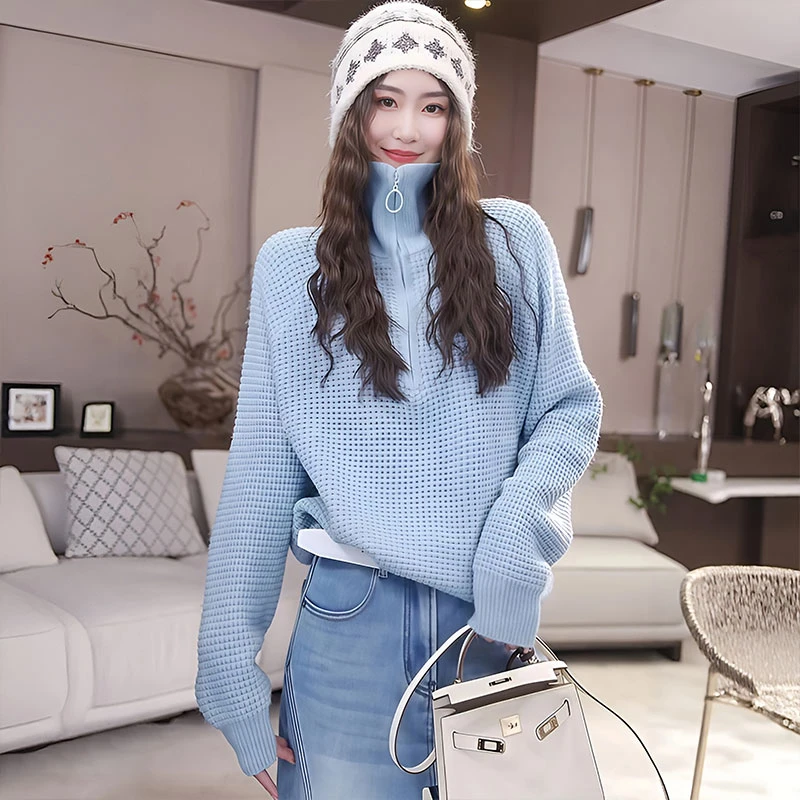 法式高端半拉链宽松长袖毛衣女2025新款秋冬外穿打底衫百搭上衣女