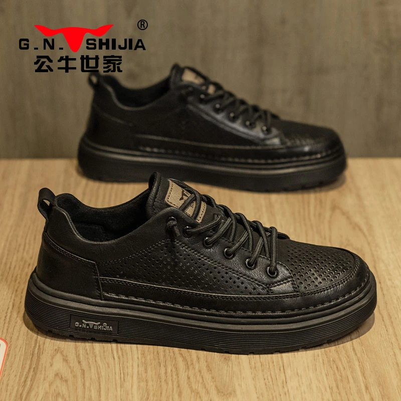 公牛世家男鞋春季镂空小白平板鞋男士一脚蹬休闲厚底增高时尚皮鞋