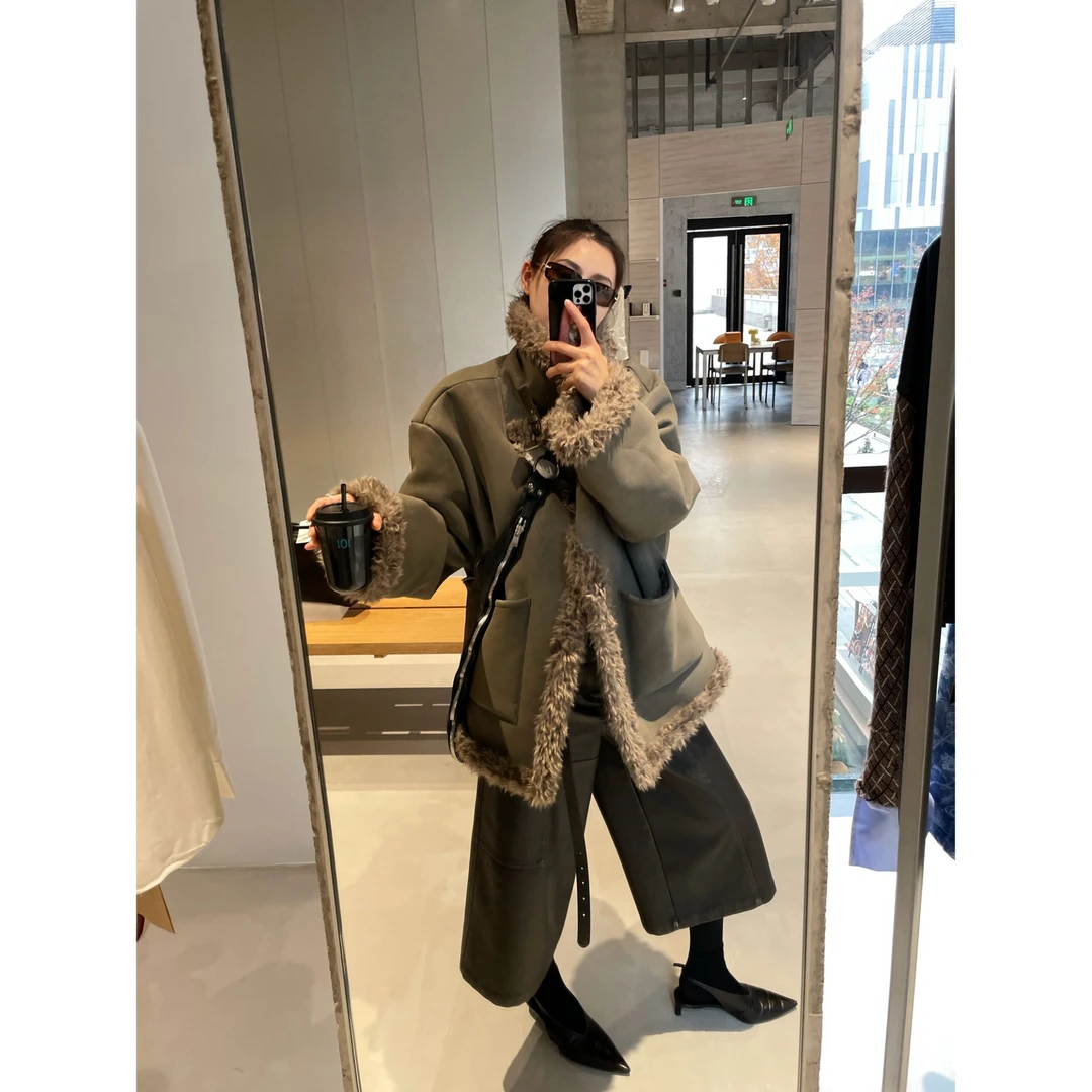 JCCC影子【冬林息壤】水泥灰绿加厚麂皮绒仿羊羔毛短款皮毛一体外套