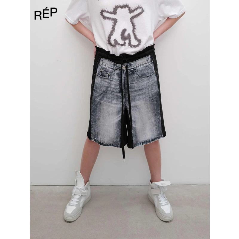 OPEN YY设计师品牌黑色牛仔印花针织短裤25PS TheREPUBLIQUE女装