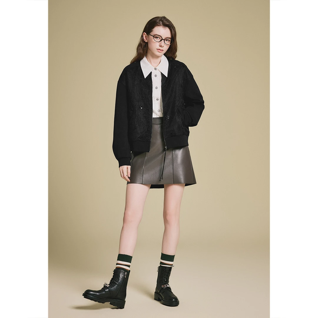 【琥珀流光】空气棉时尚百搭显瘦欧根纱蕾丝棒球服短外套6C65110163