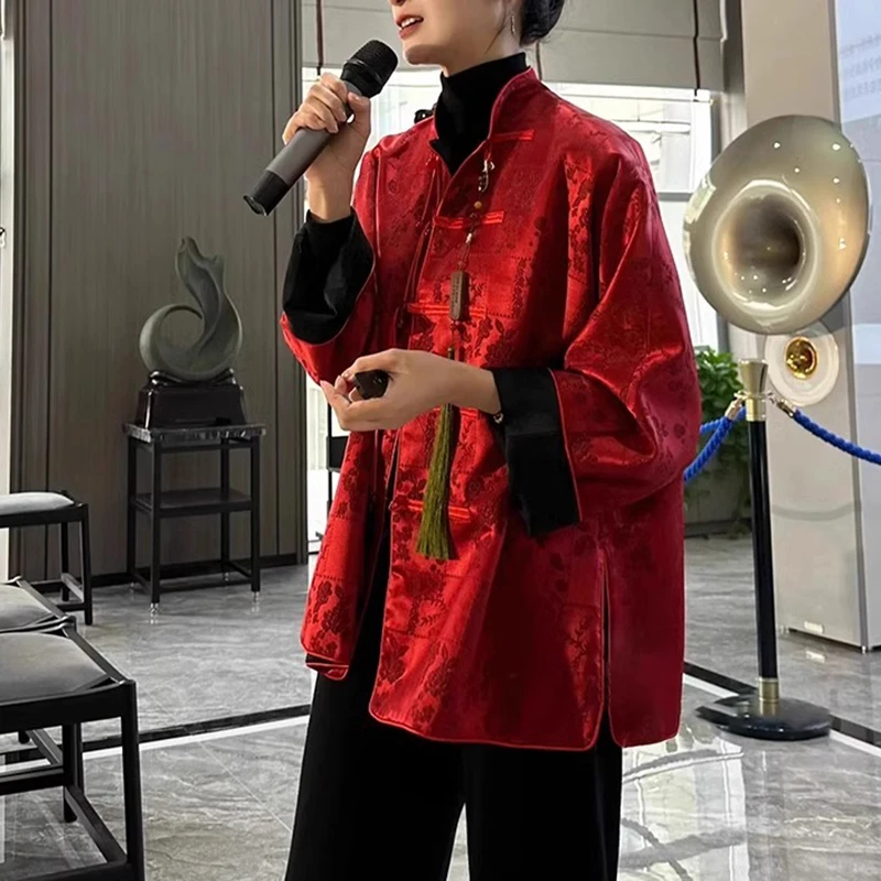 新中式国风复古红色印花盘扣外套2025春秋新款气质老钱风漂亮外套