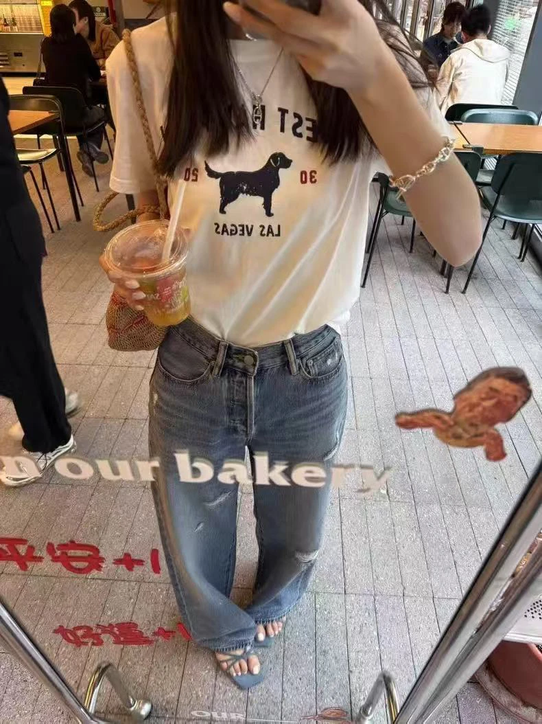 【BAI】夏新款时尚印花休闲短袖T恤女宽松上衣25013