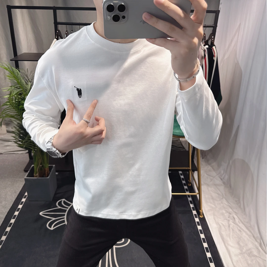 欧洲站男时尚长袖刺绣T恤百搭宽松个性潮流欧货上衣大牌休闲圆领